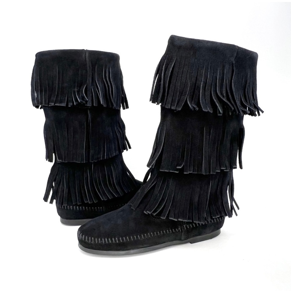 Minnetonka Boots 3-Layer Fringe Moccasins Women’s Size 6 Black Suede New - Picture 10 of 11